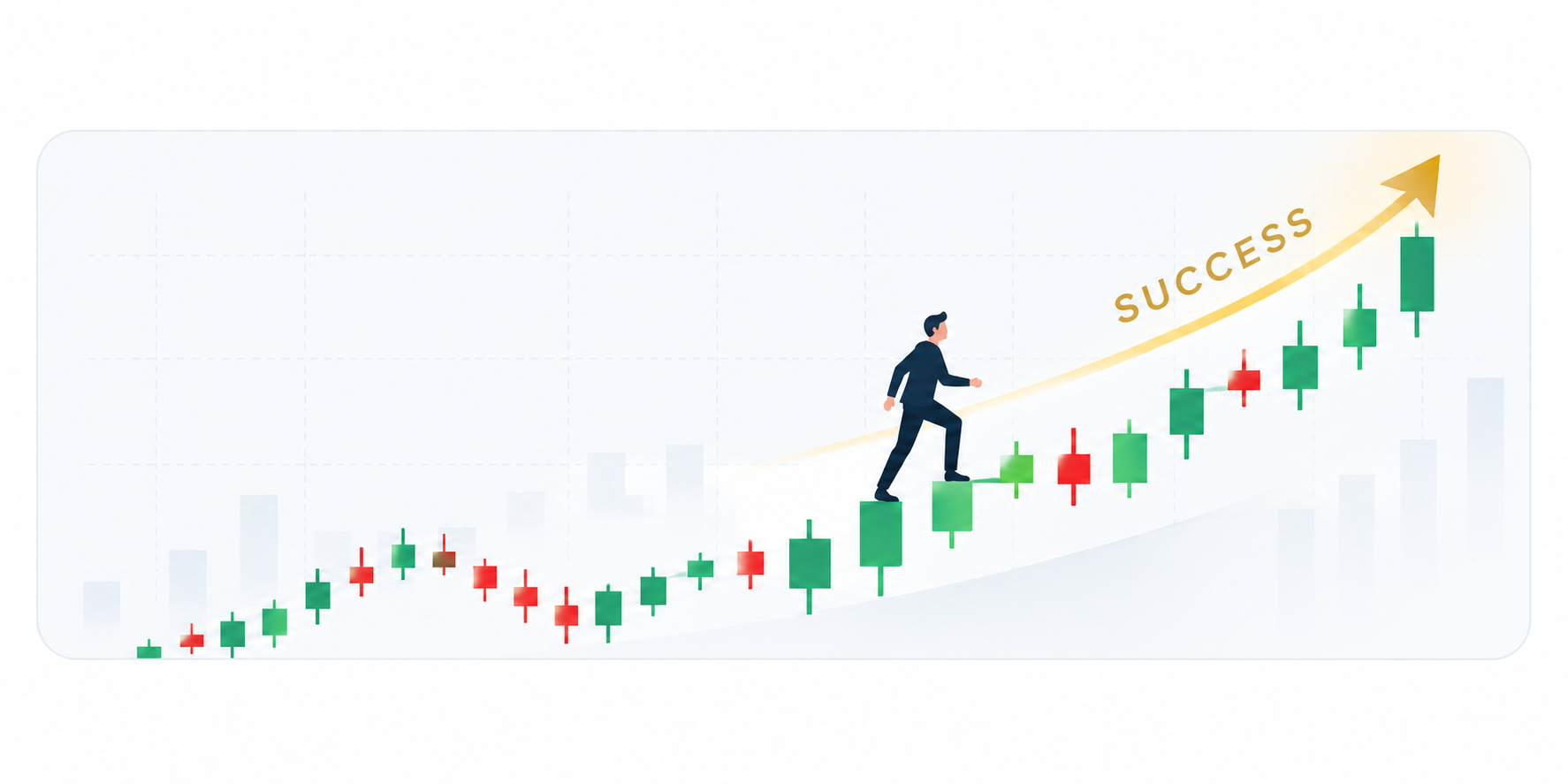 An animated candlestick chart climbing upward toward the word Success