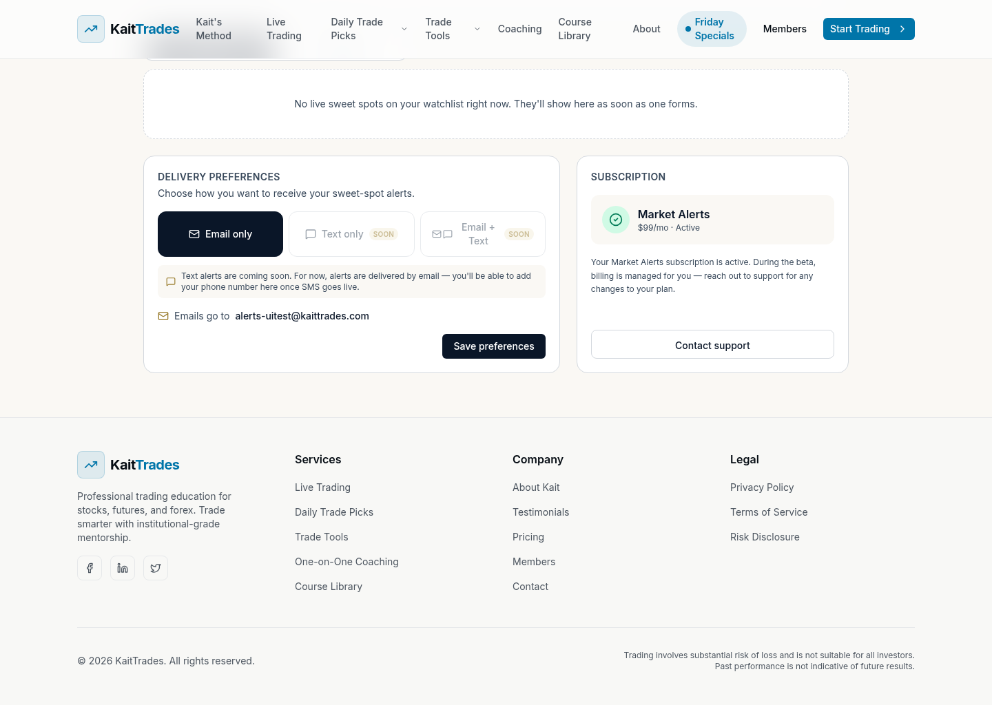 Delivery preferences showing email enabled and text alerts marked coming soon