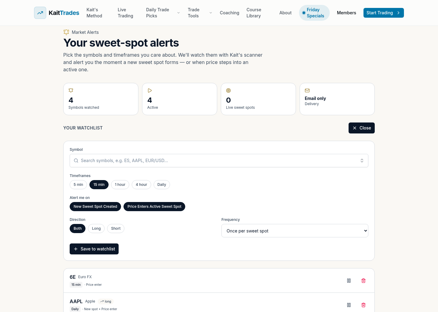 The alert composer with timeframe, alert type, direction, and frequency controls